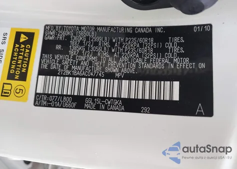 2010 Lexus Rx 350 из США, поврежденный, VIN 2T2BK1BA6AC047745